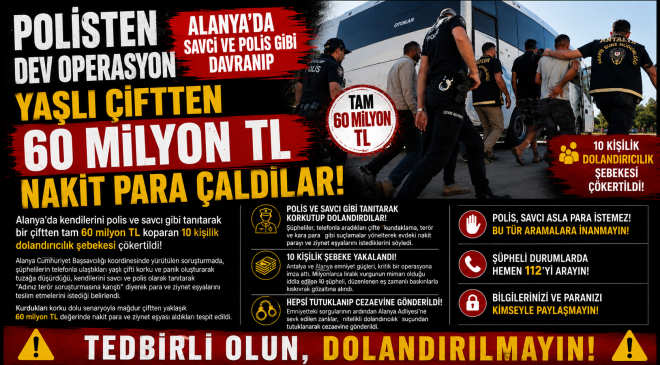 Alanya’da kendilerini polis ve savcı olarak tanıtarak yaşlı bir çifti milyonlarca lira dolandırdığı iddia edilen 10 kişilik şebeke, düzenlenen operasyonla çökertildi.