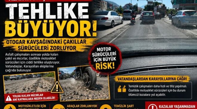 Alanya’da Çevre Yolunda Tehlike Büyüyor! Otogar Kavşağındaki Çakıllar Sürücüleri Zorluyor