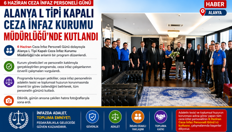 6Haziran Ceza İnfaz Personeli Günü Alanya’da Kutlandı  Alanya L Tipi Kapalı Ceza İnfaz Kurumu Müdürlüğü’nde 6 Haziran Ceza İnfaz Personeli Günü dolayısıyla anlamlı bir kutlama programı gerçekleştirildi.