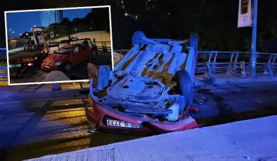 İstanbul’da feci kaza! Kaldırıma çarpan otomobil ters döndü